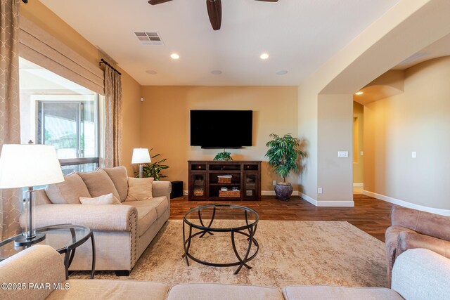 1646 Constable St, Prescott, AZ 86301 - living room with a ceiling fan, wood finished floors, recessed lighting, and arched walkways
