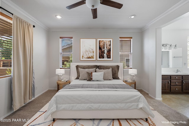 7070 E Lantern Ln, Prescott Valley, AZ 86314 - bedroom featuring multiple windows, recessed lighting, crown molding, ensuite bathroom, and ceiling fan