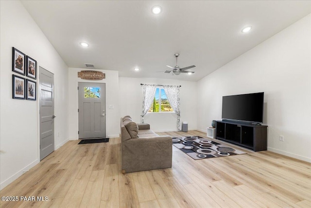 4956 E Ramada Dr, Prescott, AZ 86301 - living room featuring wood finished floors, ceiling fan, recessed lighting, and vaulted ceiling
