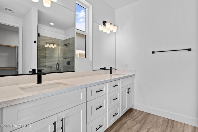 bathroom featuring vanity and a shower with door