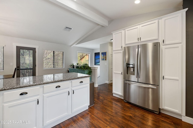 1210 Tanglewood Rd, Prescott, AZ 86303 - kitchen with stainless steel fridge with ice dispenser, dark wood-style flooring, white cabinetry, recessed lighting, and dark stone countertops
