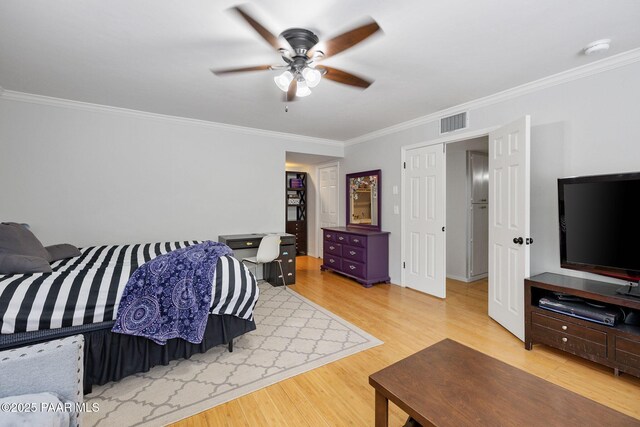 1210 Tanglewood Rd, Prescott, AZ 86303 - bedroom featuring light wood finished floors, ornamental molding, and ceiling fan