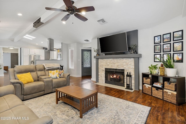 1210 Tanglewood Rd, Prescott, AZ 86303 - living area with a ceiling fan, wood finished floors, a stone fireplace, baseboards, and recessed lighting