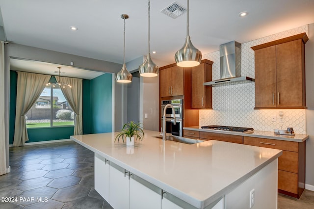 5393 Crescent Edge Dr, Prescott, AZ 86301 - kitchen featuring wall chimney exhaust hood, stainless steel appliances, a sink, decorative backsplash, and recessed lighting