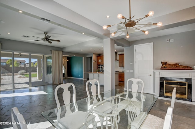 5393 Crescent Edge Dr, Prescott, AZ 86301 - dining area with a chandelier, a fireplace, recessed lighting, and ceiling fan