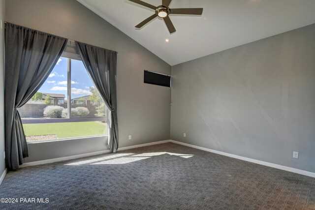 5393 Crescent Edge Dr, Prescott, AZ 86301 - carpeted empty room featuring a ceiling fan, lofted ceiling, baseboards, and recessed lighting