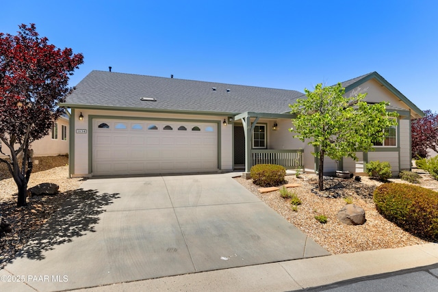 1634 Addington Dr, Prescott, AZ 86301 - ranch-style house featuring driveway, an attached garage, a porch, a shingled roof, and stucco siding