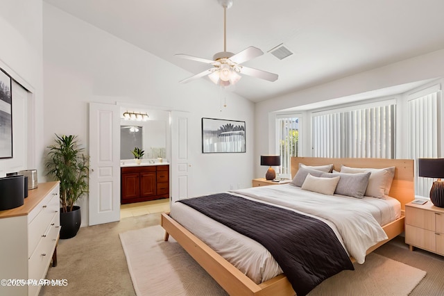 1634 Addington Dr, Prescott, AZ 86301 - bedroom featuring light carpet, ensuite bathroom, high vaulted ceiling, and a ceiling fan