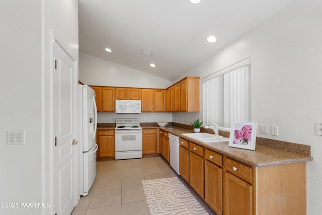1634 Addington Dr, Prescott, AZ 86301 - kitchen featuring white appliances, light tile patterned floors, vaulted ceiling, and recessed lighting
