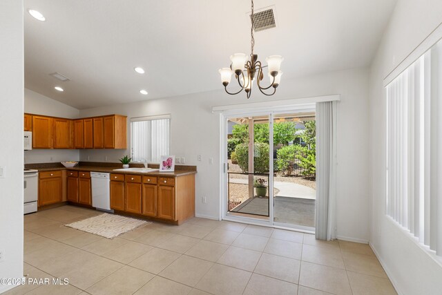 1634 Addington Dr, Prescott, AZ 86301 - kitchen with white appliances, a chandelier, decorative light fixtures, brown cabinets, and recessed lighting