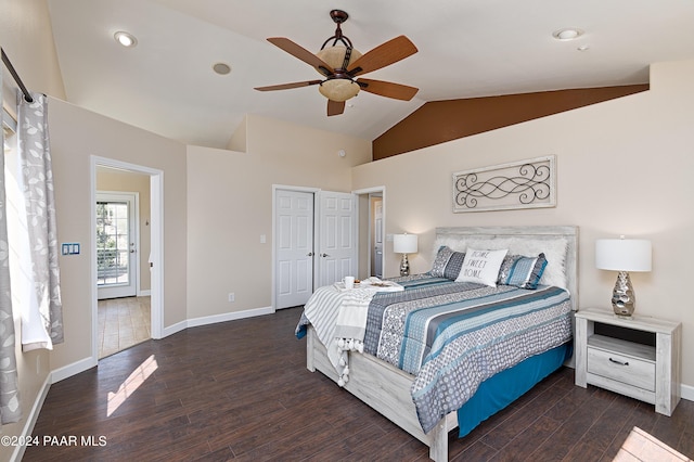 4860 W Stazenski Rd, Prescott, AZ 86305 - bedroom featuring a ceiling fan, baseboards, wood finished floors, and high vaulted ceiling