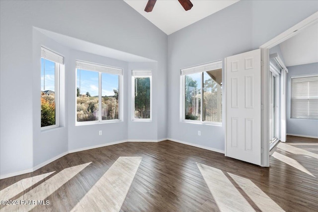 interior space with lofted ceiling, ceiling fan, and dark hardwood / wood-style floors