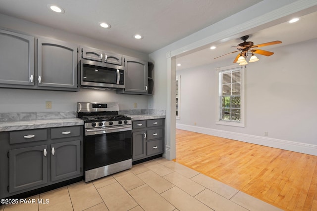 213 N Virginia St, Prescott, AZ 86301 - kitchen with stainless steel appliances, ceiling fan, gray cabinets, light countertops, and recessed lighting