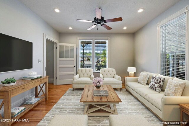 213 N Virginia St, Prescott, AZ 86301 - living room with a ceiling fan, recessed lighting, light wood finished floors, and baseboards