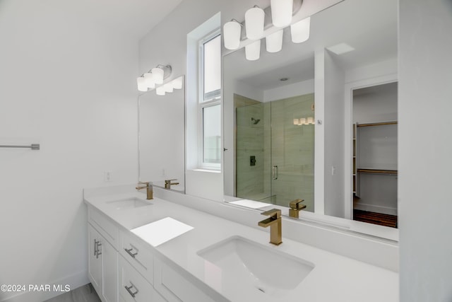 bathroom featuring vanity and a shower with door