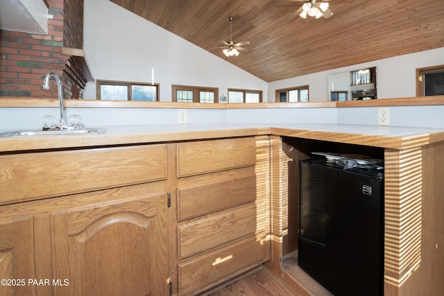 1104 Country Club Dr, Prescott, AZ 86303 - kitchen with a sink, light countertops, light wood-style flooring, ceiling fan, and wood ceiling