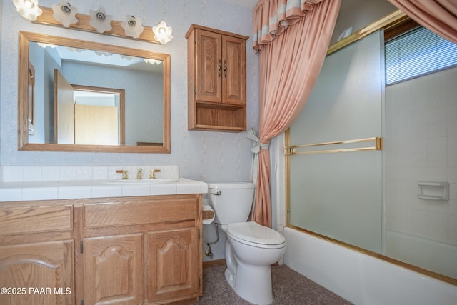 1104 Country Club Dr, Prescott, AZ 86303 - full bathroom featuring vanity, toilet, combined bath / shower with glass door, and wallpapered walls