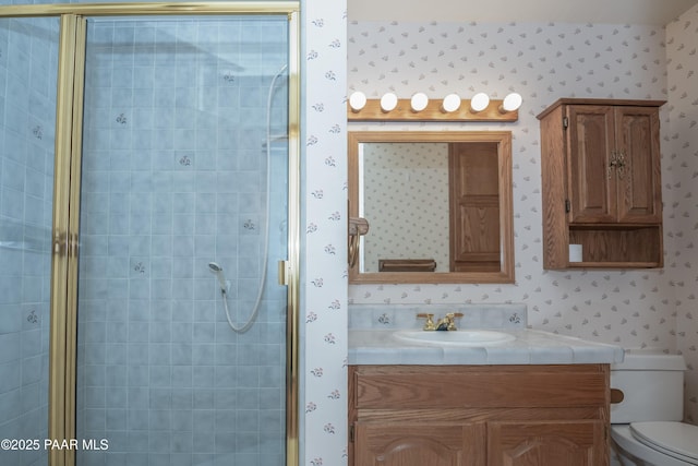 1104 Country Club Dr, Prescott, AZ 86303 - full bath with wallpapered walls, vanity, toilet, and a stall shower