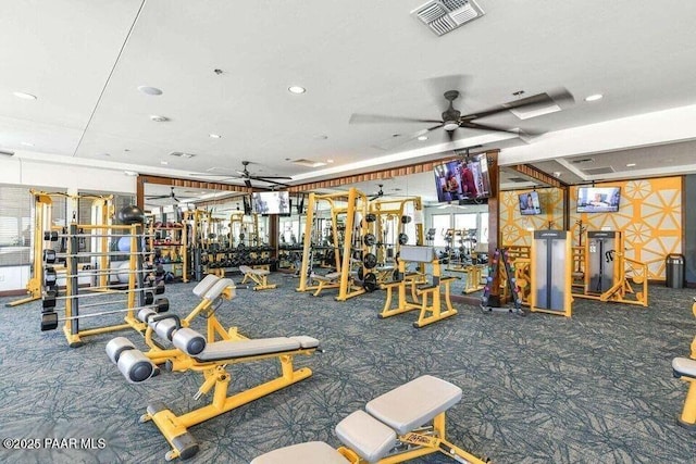 gym with ceiling fan, carpet flooring, visible vents, and recessed lighting