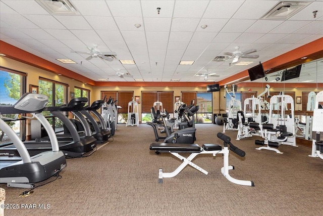 workout area featuring carpet and ceiling fan