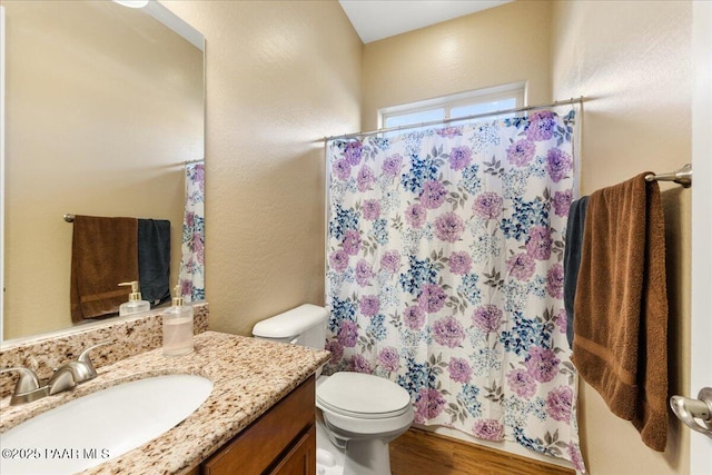 bathroom featuring hardwood / wood-style floors, vanity, and toilet