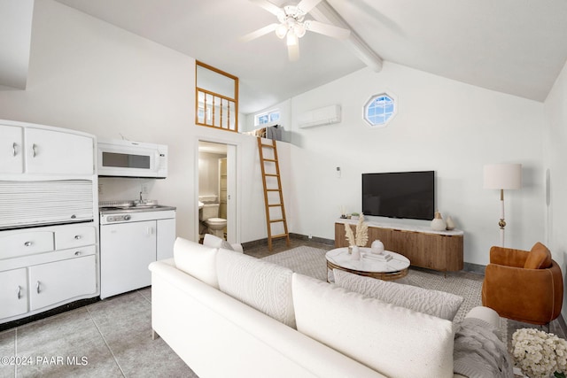 living room with ceiling fan, beam ceiling, an AC wall unit, and high vaulted ceiling