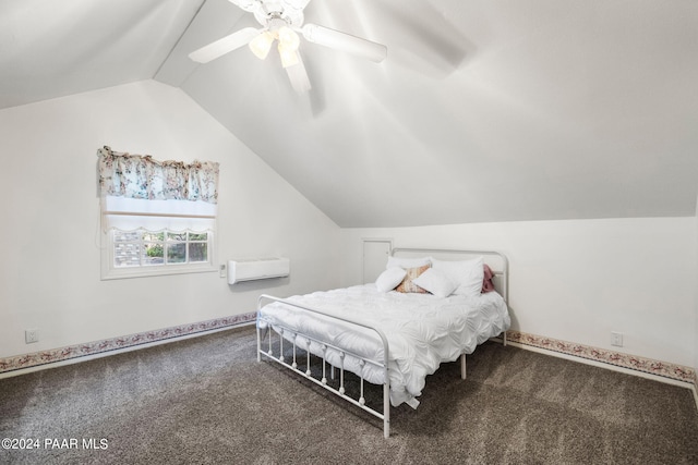 carpeted bedroom with a wall mounted AC, ceiling fan, and lofted ceiling