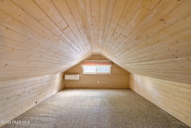 additional living space with carpet flooring, wooden walls, wood ceiling, and lofted ceiling