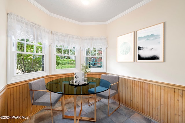 716 Country Club Dr, Prescott, AZ 86303 - dining area with a wainscoted wall, ornamental molding, and wood walls