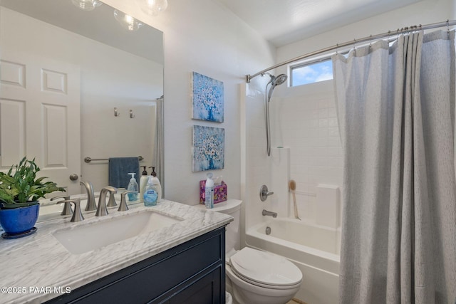 full bathroom with shower / bath combo with shower curtain, toilet, and vanity