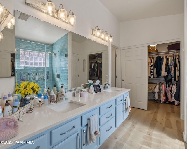 full bathroom featuring a sink, wood finished floors, a stall shower, and double vanity