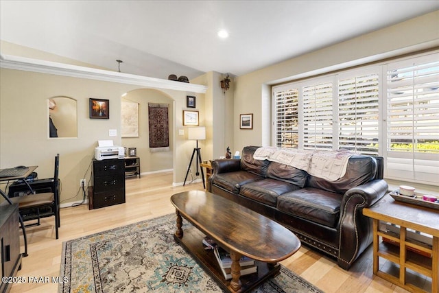 living room with vaulted ceiling and light hardwood / wood-style floors