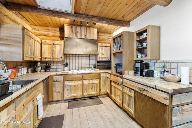 kitchen featuring white gas stovetop, tasteful backsplash, beamed ceiling, tile counters, and wood ceiling