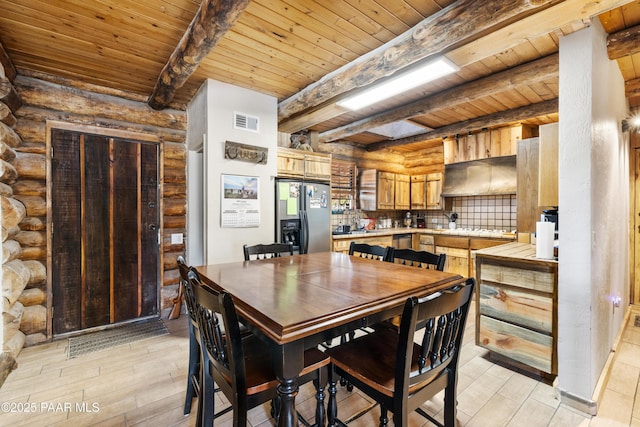 dining area with log walls, beamed ceiling, and wooden ceiling