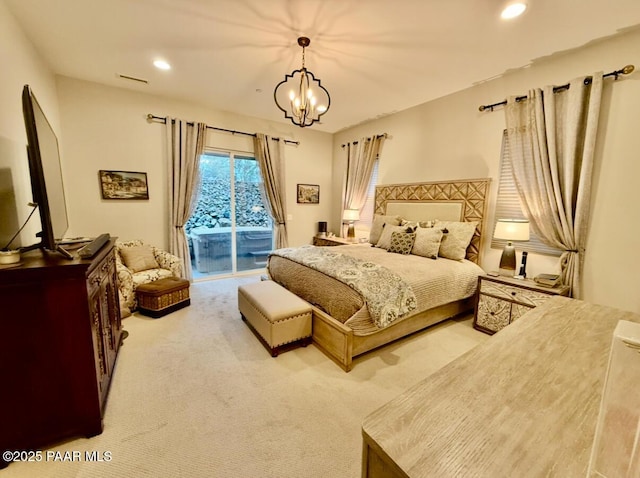 carpeted bedroom featuring recessed lighting, an inviting chandelier, access to outside, and visible vents