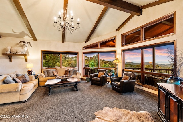 1515 N Happy Valley Rd Unit 3 & 4, Prescott, AZ 86305 - living area with carpet floors, a chandelier, beam ceiling, and high vaulted ceiling