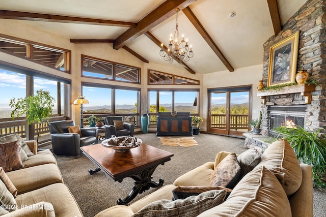 1515 N Happy Valley Rd Unit 3 & 4, Prescott, AZ 86305 - carpeted living room with a stone fireplace, beamed ceiling, high vaulted ceiling, a chandelier, and a mountain view