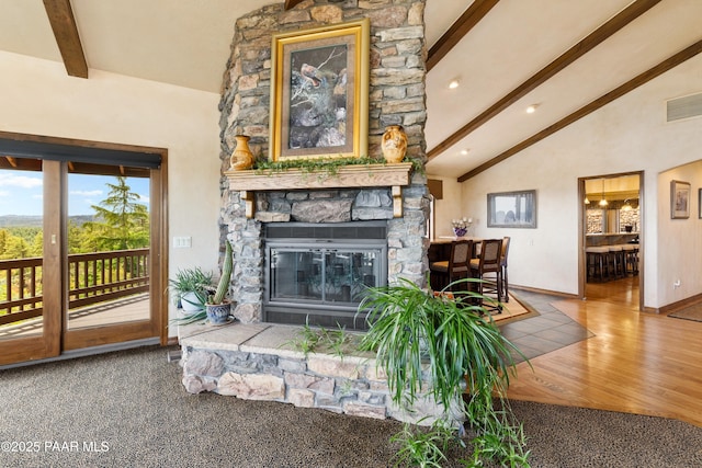 1515 N Happy Valley Rd Unit 3 & 4, Prescott, AZ 86305 - living area featuring beamed ceiling, a fireplace, wood finished floors, and high vaulted ceiling