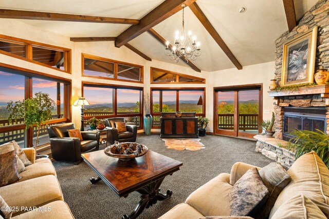 1515 N Happy Valley Rd Unit 3 & 4, Prescott, AZ 86305 - living room featuring high vaulted ceiling, a chandelier, a stone fireplace, carpet floors, and beamed ceiling