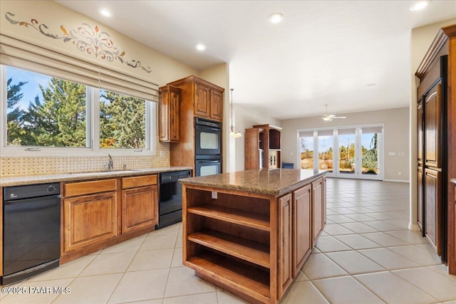 13375 N Iron Hawk Dr, Prescott, AZ 86305 - kitchen with light tile patterned floors, open shelves, decorative backsplash, a sink, and black appliances