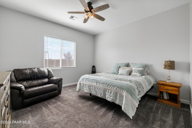 bedroom with ceiling fan and dark carpet