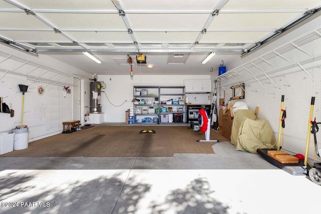 garage with gas water heater and a garage door opener