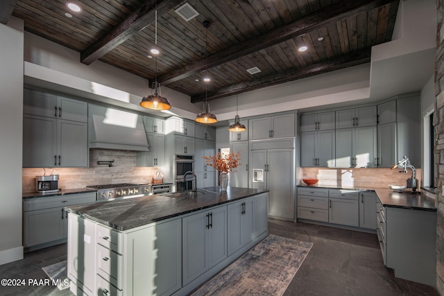 kitchen with premium range hood, tasteful backsplash, gray cabinetry, wood ceiling, and beam ceiling