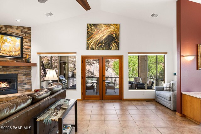 4710 Echo Canyon Pl, Prescott, AZ 86301 - interior space featuring light tile patterned flooring, visible vents, ceiling fan, and a fireplace