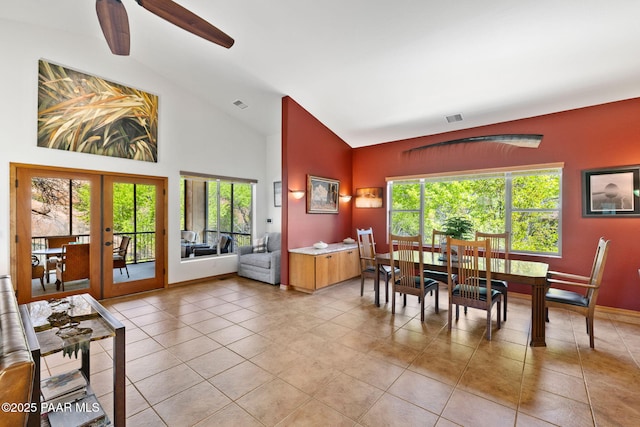 4710 Echo Canyon Pl, Prescott, AZ 86301 - dining room with light tile patterned floors, visible vents, a ceiling fan, and high vaulted ceiling