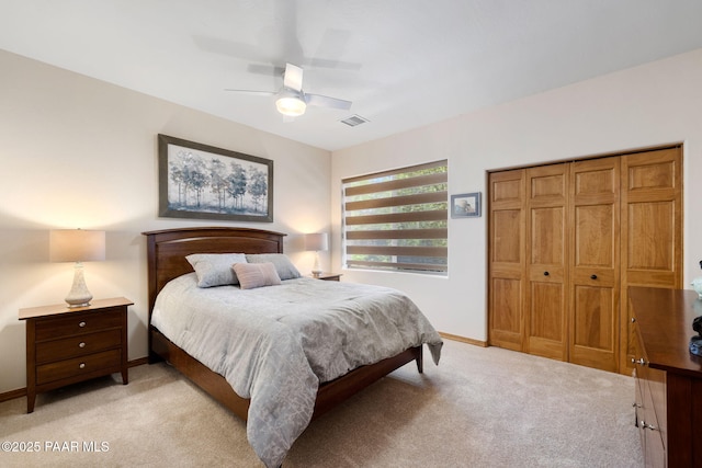 4710 Echo Canyon Pl, Prescott, AZ 86301 - bedroom featuring visible vents, ceiling fan, light carpet, and baseboards