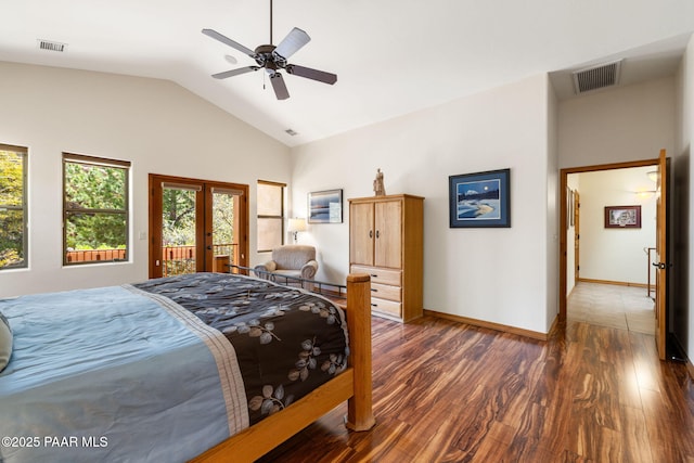 4710 Echo Canyon Pl, Prescott, AZ 86301 - bedroom featuring lofted ceiling, visible vents, access to outside, and wood finished floors