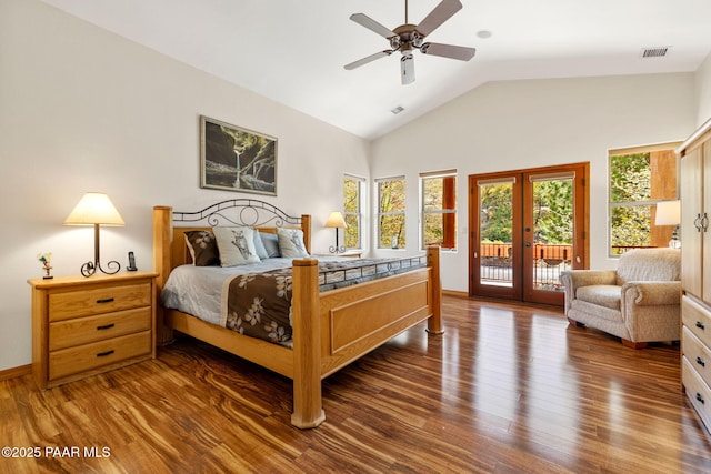 4710 Echo Canyon Pl, Prescott, AZ 86301 - bedroom featuring dark wood-style flooring, access to exterior, visible vents, french doors, and lofted ceiling