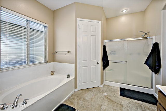 6582 E Farmstead Rd, Prescott Valley, AZ 86314 - bathroom with a bath, a shower stall, and vanity