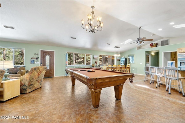 recreation room with visible vents, baseboards, billiards, and lofted ceiling